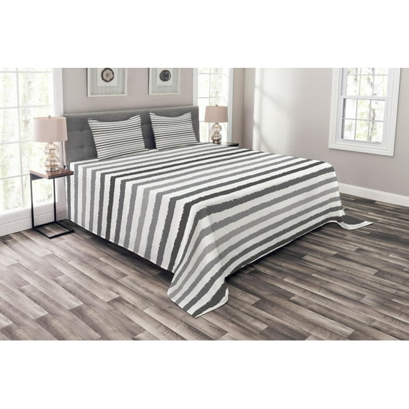 Ambesonne Striped Quilted Bedspread Set 3 Pcs, Grey and White Grunge, Queen Size, White Grey