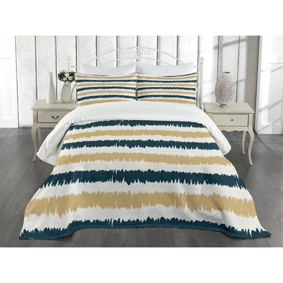 Ambesonne Striped Quilted Bedspread Set 3 Pcs, Navy Blue Beige Brush, King Size, Petrol Blue White Beige