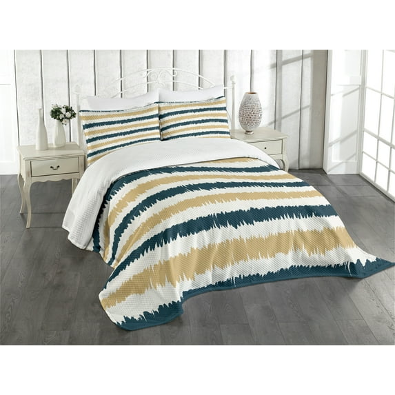 Ambesonne Striped Quilted Bedspread Set 3 Pcs, Navy Blue Beige Brush, Queen Size, Petrol Blue White Beige