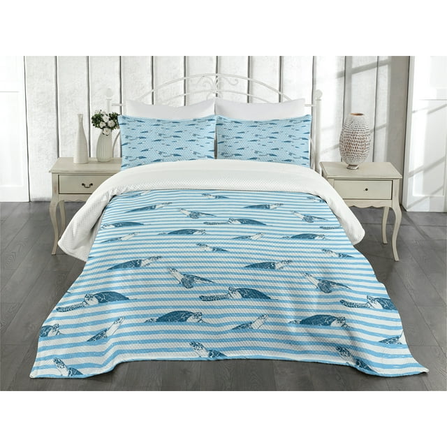 Ambesonne Striped Quilted Bedspread Set 3 Pcs, Turtle Blue Aquatic, Queen Size, Blue Navy