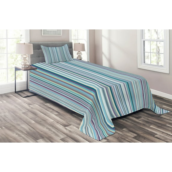 Ambesonne Striped Quilted Coverlet 2 Pcs, Blue Purple Geometric, Twin Size, Multicolor
