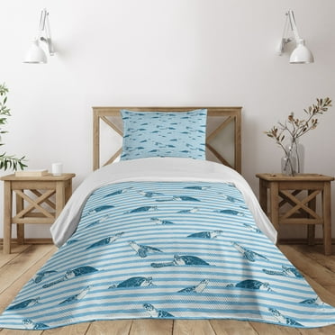 Ambesonne Striped Quilted Coverlet 2 Pcs, Turtle Blue Aquatic, Twin Size, Blue Navy