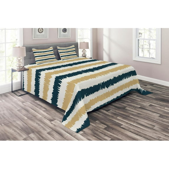 Ambesonne Striped Quilted Coverlet 3 Pcs, Navy Blue Beige Brush, King Size, Petrol Blue White Beige