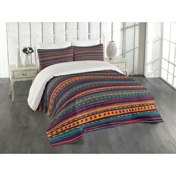 Ambesonne Striped Quilted Coverlet 3 Pcs, Retro Aztec Art, Queen Size, Teal Plum and Orange