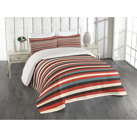 Ambesonne Striped Quilted Coverlet 3 Pcs, Vintage 60's Red Black, King Size, Multicolor
