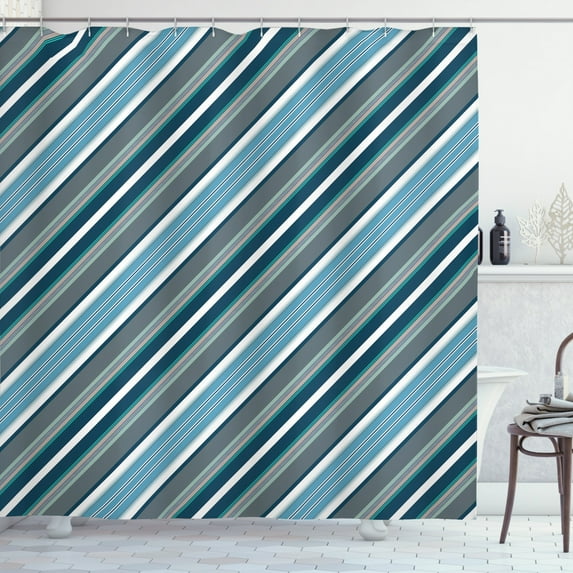 Ambesonne Striped Shower Curtain, Grey and Blue Diagonal, 69"Wx84"L, White Grey Navy