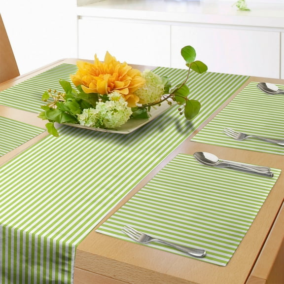 Ambesonne Striped Table Runner & Placemats, Vertical Lines Retro Summer, Placemat 4 pcs + Runner 12"x72", Apple Green and White