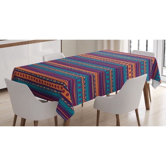 Ambesonne Striped Tablecloth Rectangular Table Cover, Retro Aztec Art, 52"x70", Teal Plum and Orange