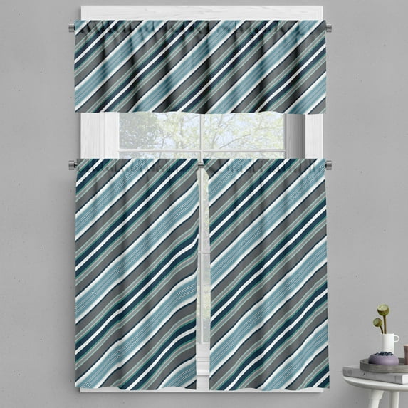 Ambesonne Striped Valance & Curtain, Grey and Blue Diagonal, 55"x36", White Grey Navy
