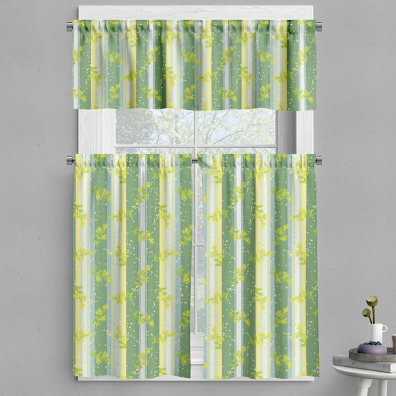 Ambesonne Striped Valance & Curtain, Spring Striped Flowers, 55"x45", Yellow Green