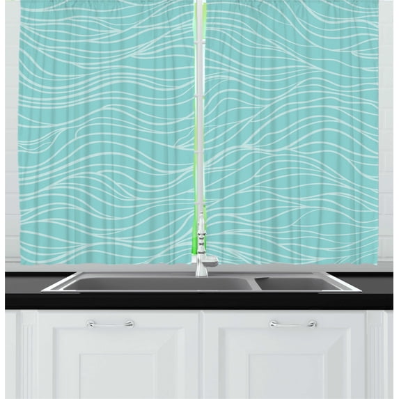 Ambesonne Stripes Kitchen Curtains, Simple Aquatic Doodle Waves, 55"x45", Seafoam Pale Blue