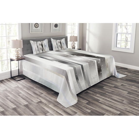 Ambesonne Stripes Quilted Bedspread Set 3 Pcs, Color Bands, King Size, Grey Black Pale Blue