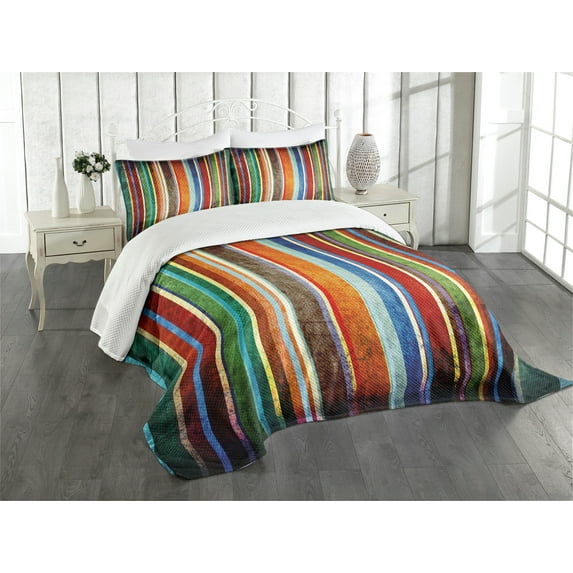 Ambesonne Stripes Quilted Bedspread Set 3 Pcs, Retro Colorful Bands, Queen Size, Multicolor