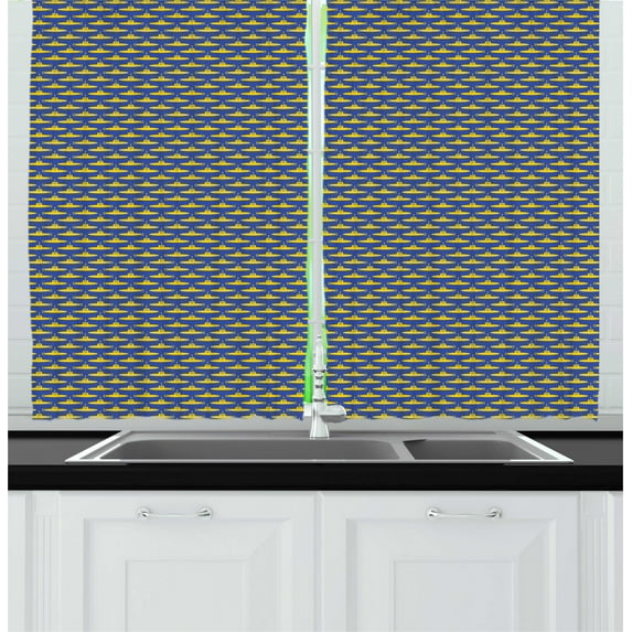 Ambesonne Submarine Kitchen Curtains, Pictogram Pattern Ocean, 55"x45", Mustard and Persian Blue
