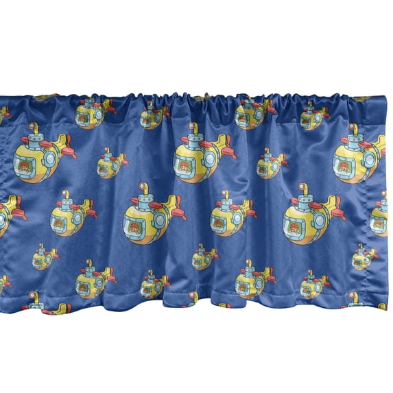 Ambesonne Submarine Window Valance, Adventure Cartoon, 54" X 18", Cobalt Blue Multicolor