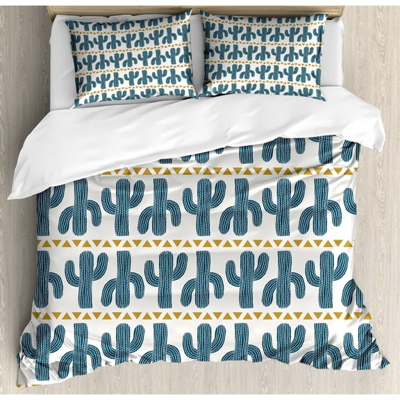 Ambesonne Succulent Duvet Cover Set, Boho Cactus and Triangles, 2-Calking, Pale Coffee Petrol Blue