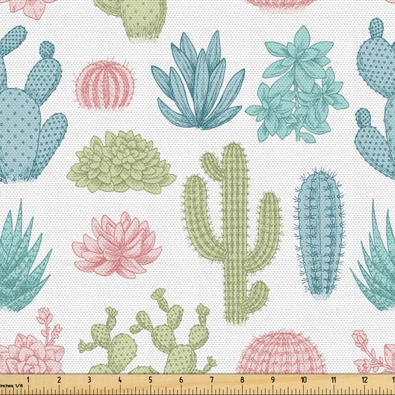 Ambesonne Succulent Fabric by the Yard Upholstery, Cactus Plantation Desert, 10 Yards, Green Pale Pink