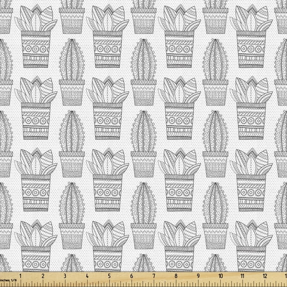 Ambesonne Succulent Fabric by the Yard Upholstery, Outline Cactus Plants, 10 Yards, Dark Grey and White