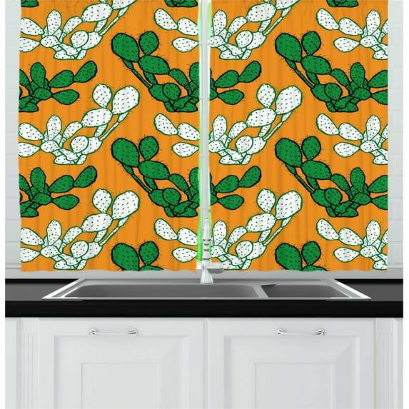 Ambesonne Succulent Kitchen Curtains, Cactus Plant Silhouettes, 55"x45", Marigold Jade Green