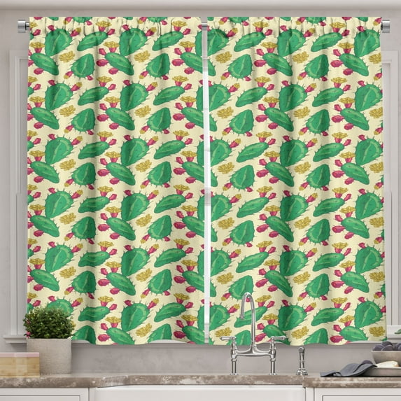 Ambesonne Succulent Kitchen Curtains, Desert Cactus and Flowers, 55"x45", Cream Sea Green