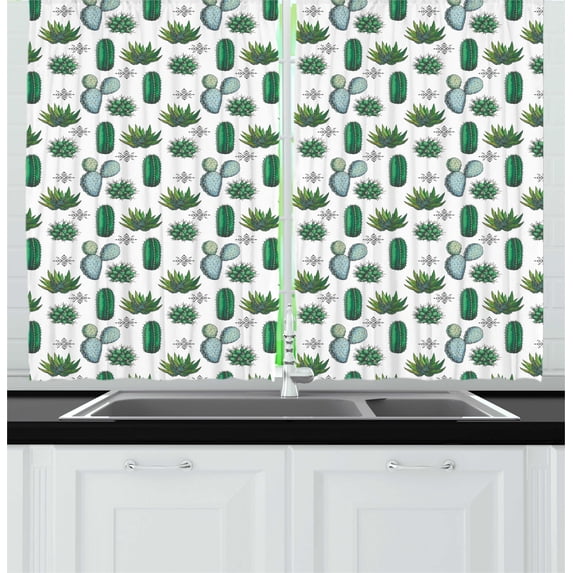 Ambesonne Succulent Kitchen Curtains, Exotic Cactus Houseplants, 55"x45", Forest Green and White