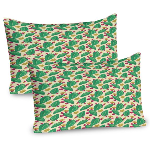 Ambesonne Succulent Pillow Sham 2 Pack, Desert Cactus and Flowers, 36"x20", Cream Sea Green