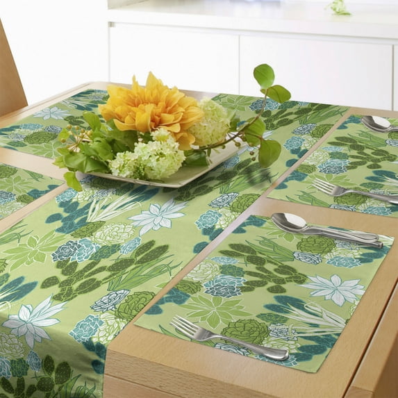 Ambesonne Succulent Table Runner & Placemats, Cactus Scene House Plants, Placemat 4 pcs + Runner 14"x72", Green and Turquoise