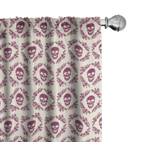 Ambesonne Sugar Skull Window Curtains, Maroon Motif Flowers, Each 28" W x 84" L, Fuchsia Cream