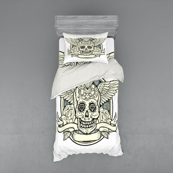 Ambesonne Sugar Skull Bedding Set 3 Pcs, Calavera Diamond, Twin XL, Cream Grey Black