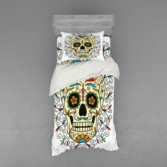 Ambesonne Sugar Skull Bedding Set 3 Pcs, Calavera Featured, Twin, Multicolor