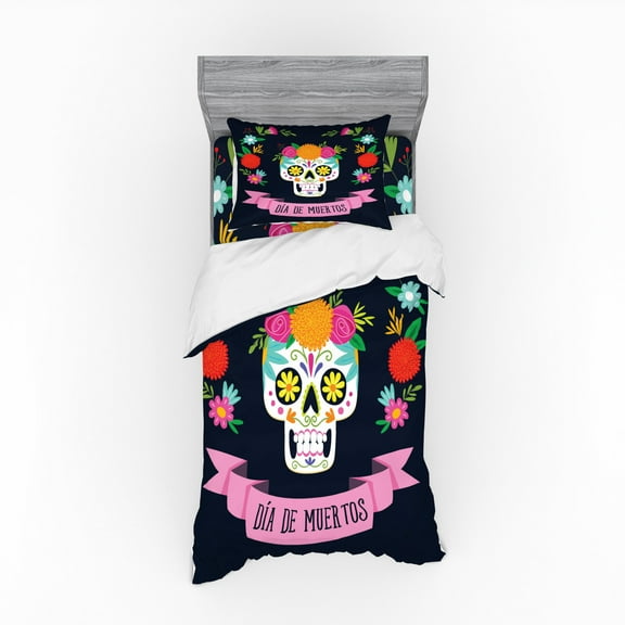 Ambesonne Sugar Skull Bedding Set 3 Pcs, Colorful Wreath, Twin XL, Navy Blue and Multicolor
