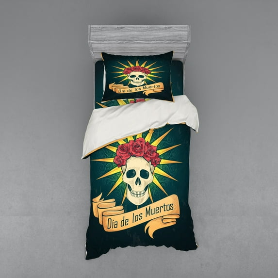 Ambesonne Sugar Skull Bedding Set 3 Pcs, Day of Dead Grunge, Twin, Dark Teal