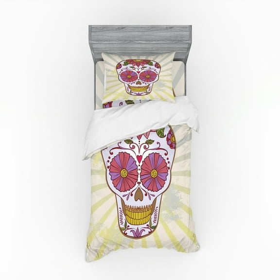 Ambesonne Sugar Skull Bedding Set 3 Pcs, Macabre Art, Twin, Multicolor