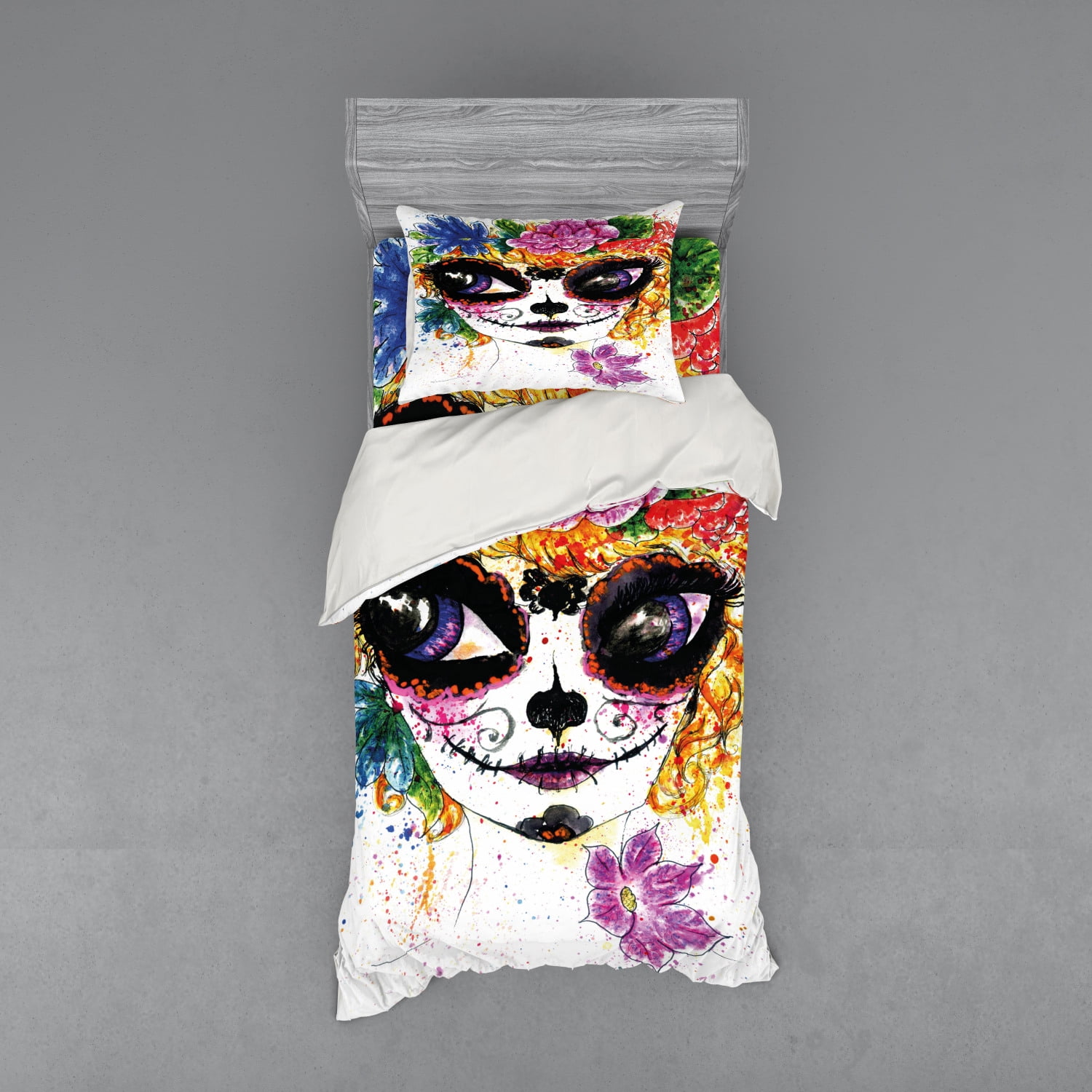 Twin Multicolor Sugar Skull Duvet Cover Set