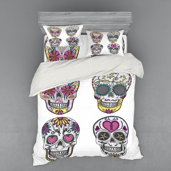 Ambesonne Sugar Skull Bedding Set 4 Pcs, Colorful Mexican, Queen, Multicolor
