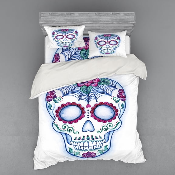 Ambesonne Sugar Skull Bedding Set 4 Pcs, Colorful Skeleton Image, Queen, Multicolor
