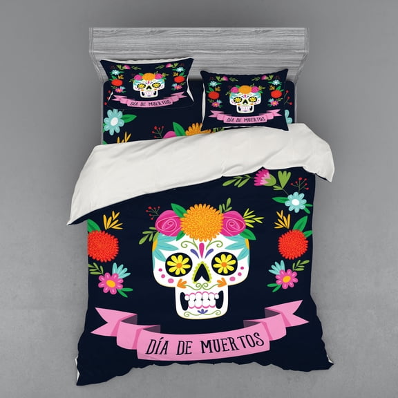 Ambesonne Sugar Skull Bedding Set 4 Pcs, Colorful Wreath, Queen, Navy Blue and Multicolor