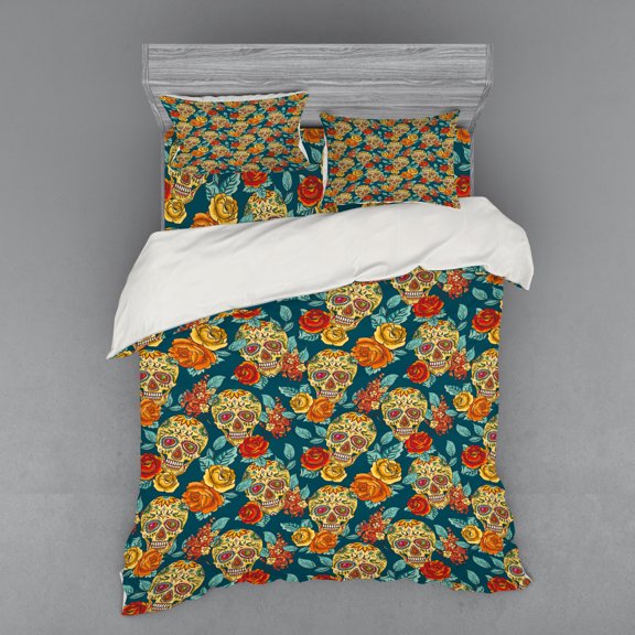 Ambesonne Sugar Skull Bedding Set 4 Pcs, Diamond Eyes Roses, Queen, Multicolor