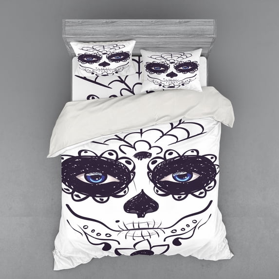 Ambesonne Sugar Skull Bedding Set 4 Pcs, Make up Girl, Queen, Black White and Blue