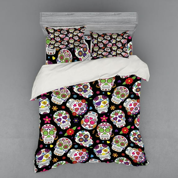 Ambesonne Sugar Skull Bedding Set 4 Pcs, Mexico Themed Design, Queen, Multicolor