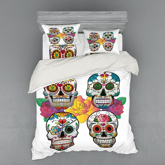 Ambesonne Sugar Skull Bedding Set 4 Pcs, Rich Colors Ornate, Queen, Multicolor