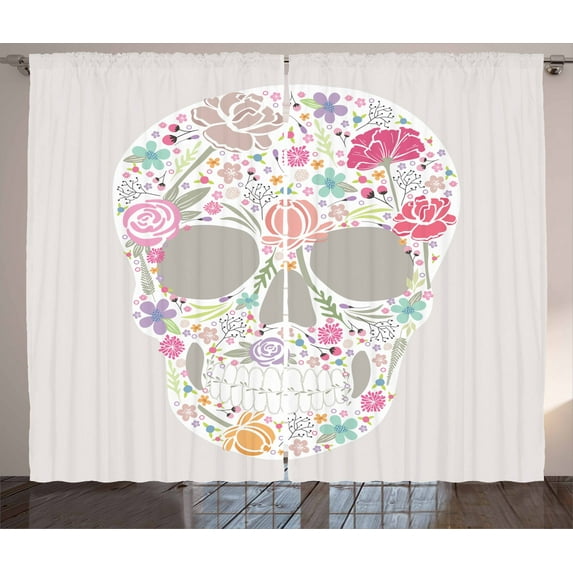 Ambesonne Sugar Skull Curtains 2 Panel Set, Ornamented Skull, 108" x 84", Multicolor