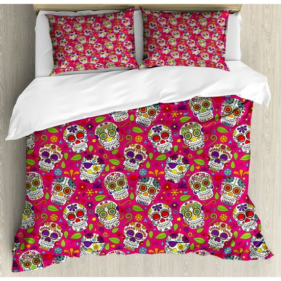 Ambesonne Sugar Skull Duvet Cover Set, Cultural Ornaments Head, 2-Calking, Multicolor