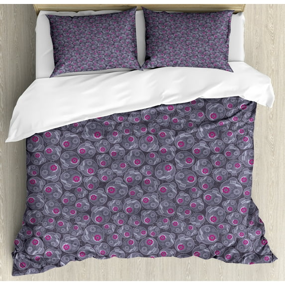 Ambesonne Sugar Skull Duvet Cover Set, Retro Skulls Flowers, 2-Calking, Dark Indigo Purpleblue