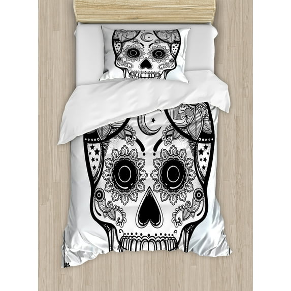Ambesonne Sugar Skull Duvet Cover Sets, Hispanic Art Mascot, 2-Twin, White and Black