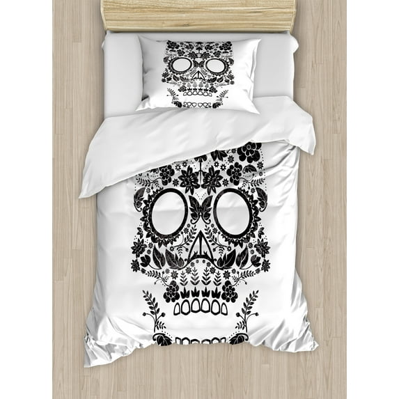 Ambesonne Sugar Skull Duvet Cover Sets, Latin Tradition Art, 2-Twin, White and Black