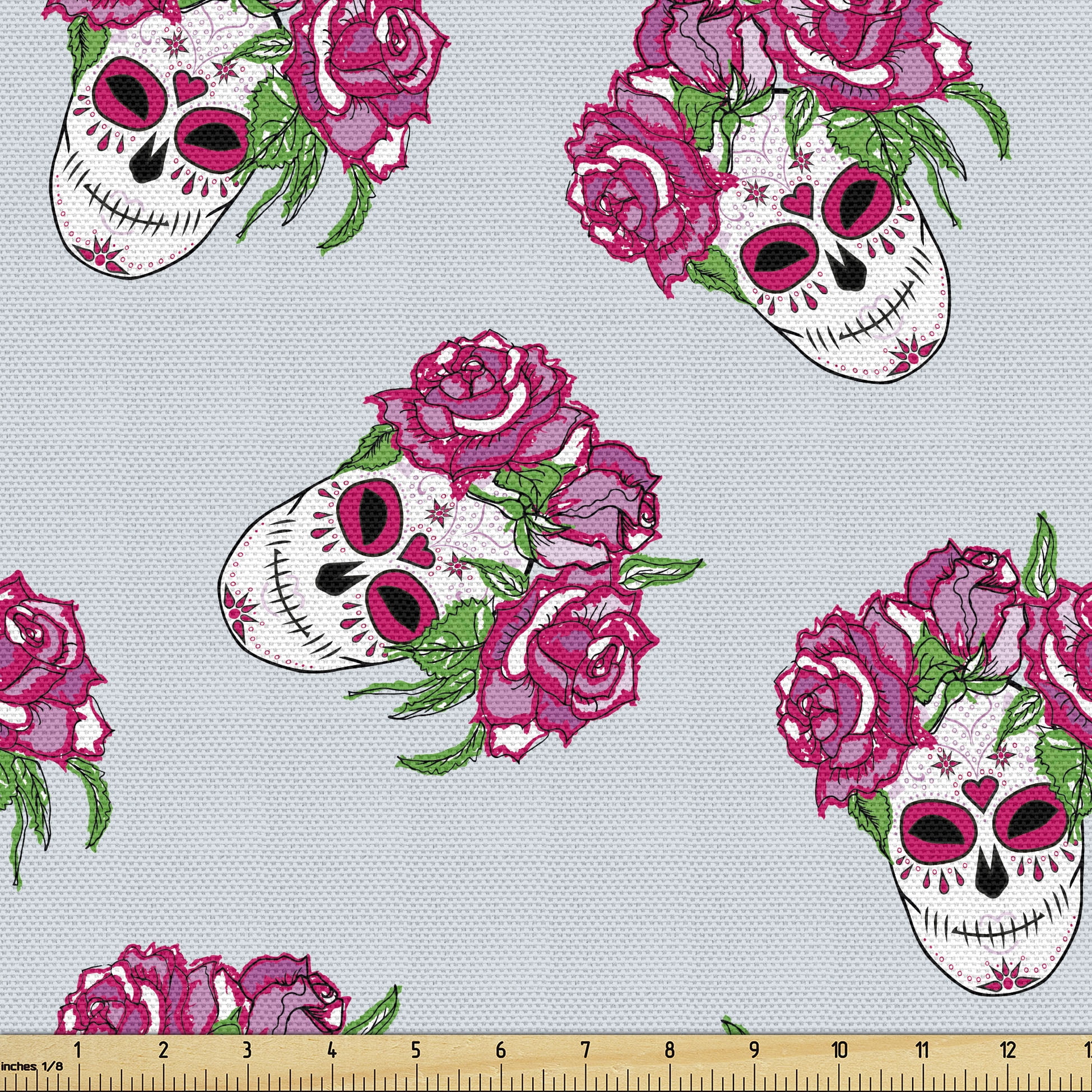 Ambesonne Sugar Skull Fabric by the Yard Upholstery, Pink Roses and ...