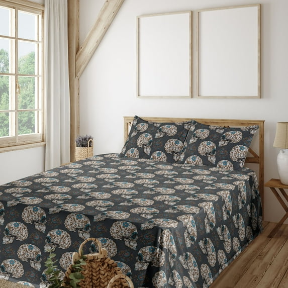 Ambesonne Sugar Skull Fitted & Flat Sheet with Sham 3 Pcs Set, Talavera Mexican Print, Twin XL, Dark Blue Grey Umber