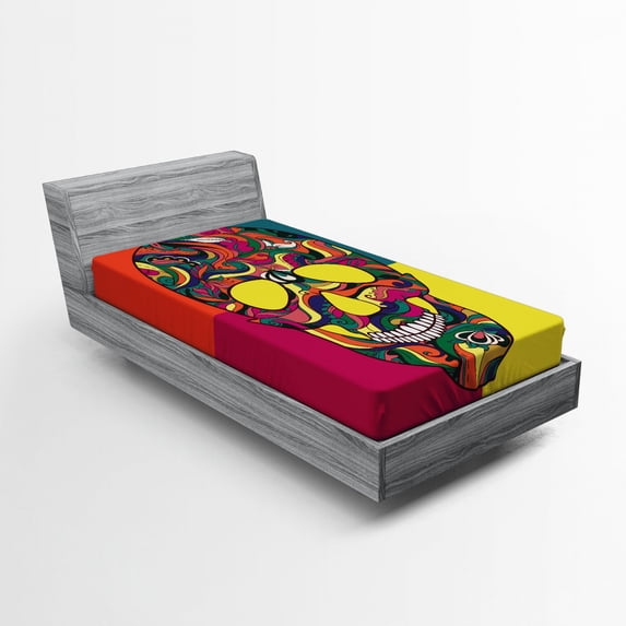 Ambesonne Sugar Skull Fitted Sheet, Colorful Calavera, Twin Size, Multicolor