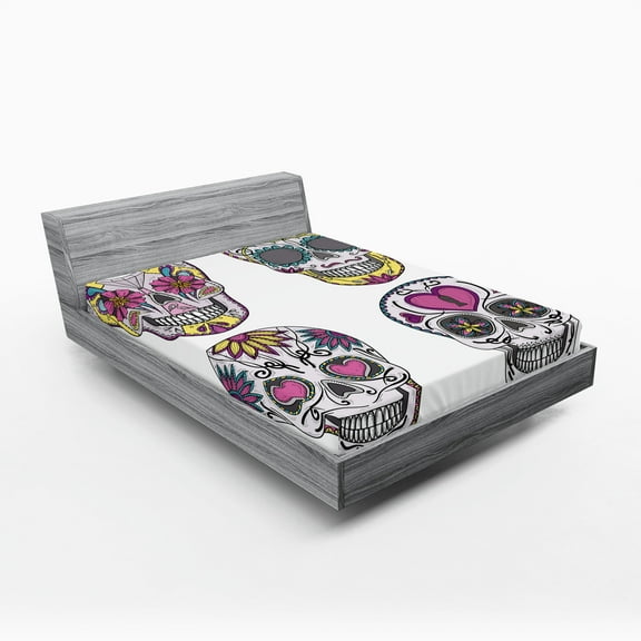 Ambesonne Sugar Skull Fitted Sheet, Colorful Mexican, Queen Size, Multicolor